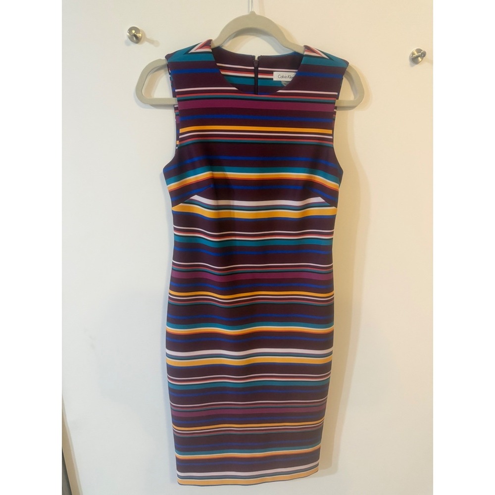 Calvin Klein Womens Multi-Color Striped Sleeveless Sheath Dress Purple Size 4